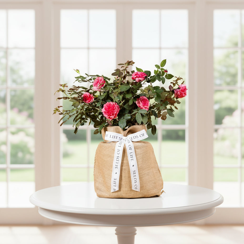 A flowering plant with pink roses is displayed in a jute sack tied with a ribbon that reads "Seeds of Life." The background is light and serene. Flowers are set on a white table with windows in the background.