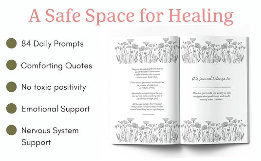 Grief journal with prompts laying open showing weekly reflection pages