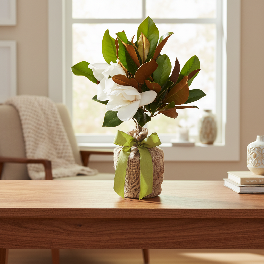 A charming arrangement of magnolia flowers in full bloom, nestled among glossy green leaves, sits elegantly in a natural burlap wrap adorned with a fresh lime green ribbon. The background features a softly lit room with large windows, enhancing the serene atmosphere.
