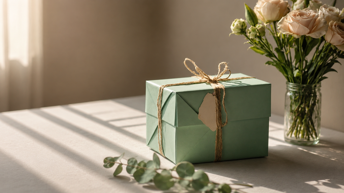 A mint green gift box tied with twine sits on a sunlit table, with a vase of pale roses and greenery in the background.