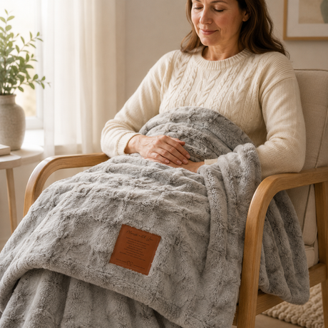 A woman sits in a wooden armchair indoors, wrapped in a plush light gray throw blanket. The blanket has a visible brown leather-like brand patch near the lower front.