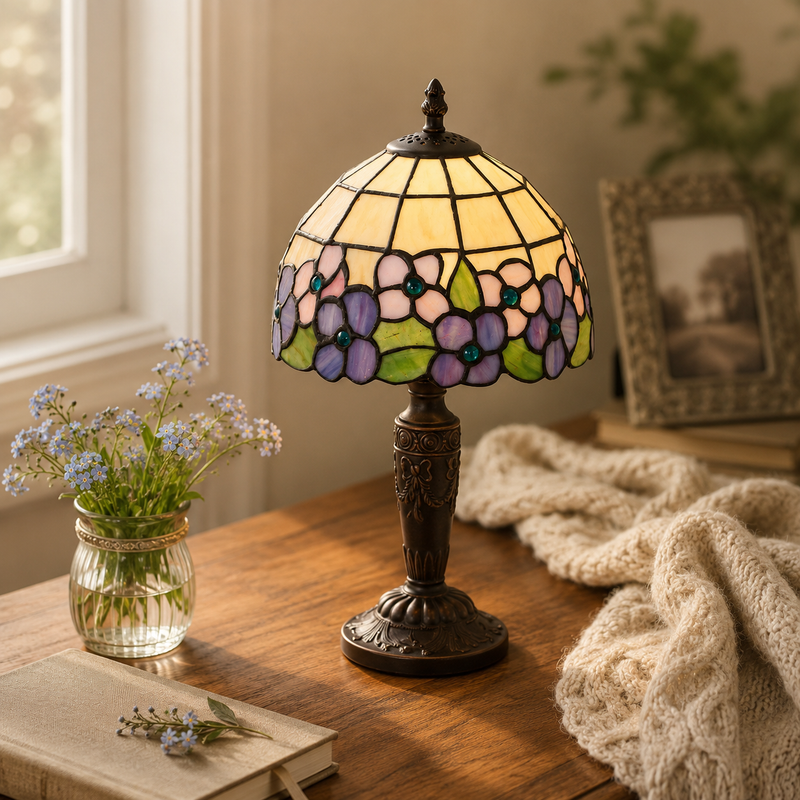 Stained glass table lamp on a wooden surface with flowers and a blanket in the background