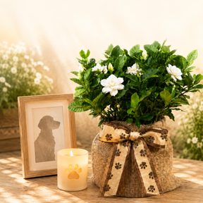 A potted gardenia plant with white flowers sits on a wooden table beside a small lit candle and a framed dog portrait. The pot is wrapped in burlap with a bow printed with brown paw prints.
