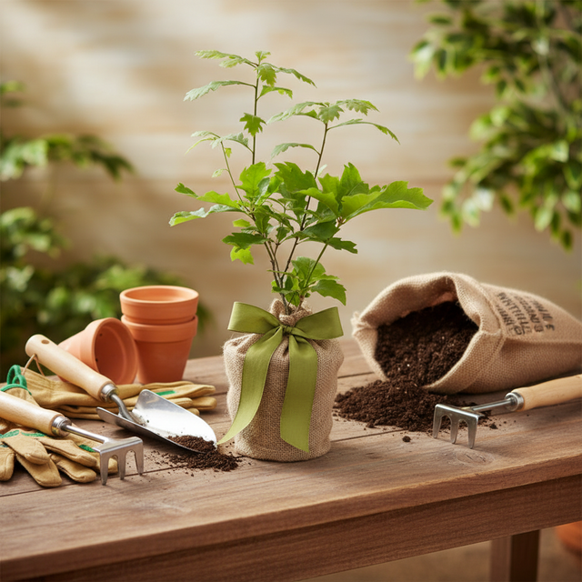 A delicate potted oak tree with lush green leaves rises from a textured burlap pot adorned with a soft green ribbon. Set atop a gardeners bench with gardening tools and gloves.