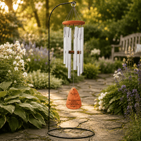 A garden wind chime with silver metal tubes, a warm orange wooden top, and an orange teardrop-shaped hanging weight printed with a poem, "There are special people in our lives who never leave us, Even after they are gone".  Chime is displayed on a black metal stand in a sunlit garden pathway.