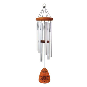 A chime with silver metal tubes, a warm orange wooden top, and an orange teardrop-shaped hanging weight printed with a poem, "There are special people in our lives who never leave us, Even after they are gone".  Set against a white background.