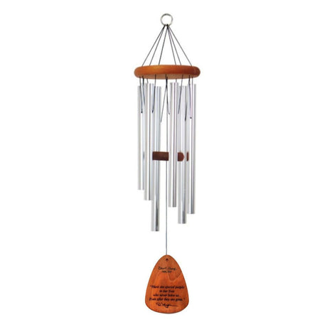 A chime with silver metal tubes, a warm orange wooden top, and an orange teardrop-shaped hanging weight printed with a poem, "There are special people in our lives who never leave us, Even after they are gone".  Set against a white background.