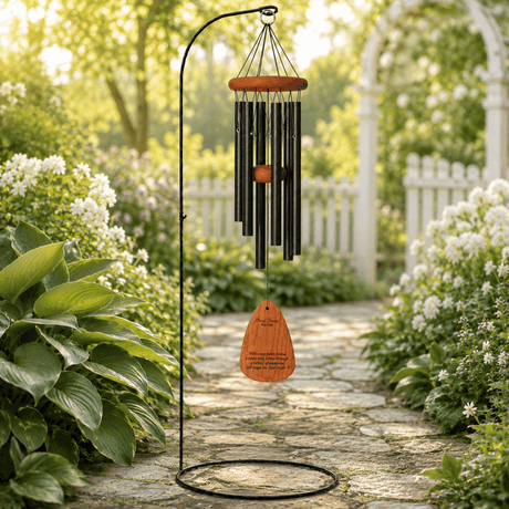 A garden wind chime with black metal tubes and warm brown wooden paddle which is engraved with: Featured Verse engraved on one side of paddle: There are special people who never leave us...Even after they are gone.  ~ D. Morgan" hangs from a black metal stand on a stone garden path surrounded by lush green plants and white flowers.