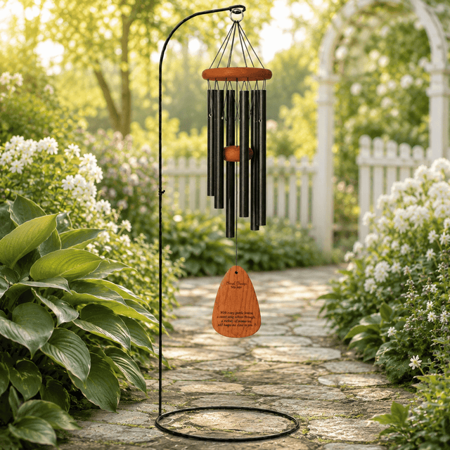A garden wind chime with black metal tubes and warm brown wooden paddle which is engraved with: Featured Verse engraved on one side of paddle: There are special people who never leave us...Even after they are gone.  ~ D. Morgan" hangs from a black metal stand on a stone garden path surrounded by lush green plants and white flowers.