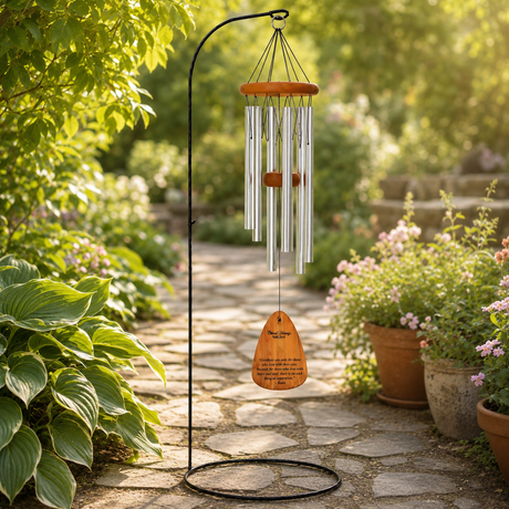 A garden wind chime with silver metal tubes, a light wood top, and an orange wooden paddle with the wording: "Goodbyes are only for those who love with their eyes. Because for those who love with heart and soul there is no such thing as separation.", displayed on a black metal stand in a sunny garden path surrounded by green plants and flowers.
