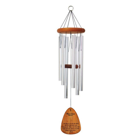 A hanging wind chime with multiple silver metal tubes, a round wooden top, and a wooden engraved sail engraved with: "Goodbyes are only for those who love with their eyes. Because for those who love with heart and soul there is no such thing as separation."  Image displayed on a plain white background.