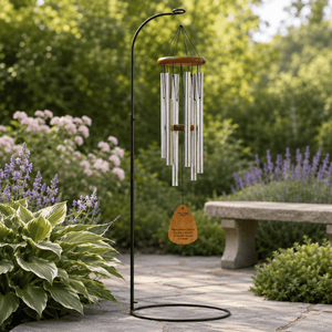 A black metal garden wind chime stands on a circular base, with silver tubes and a small wooden tag which reads, When someone you love becomes a memory, the memory becomes a treasure, hanging beneath a rounded wood top. It is set among lush Hosta, lavender, and a stone bench, with soft green foliage blurred behind.