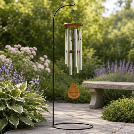 A black metal garden wind chime stands on a circular base, with silver tubes and a small wooden tag which reads, When someone you love becomes a memory, the memory becomes a treasure, hanging beneath a rounded wood top. It is set among lush Hosta, lavender, and a stone bench, with soft green foliage blurred behind.