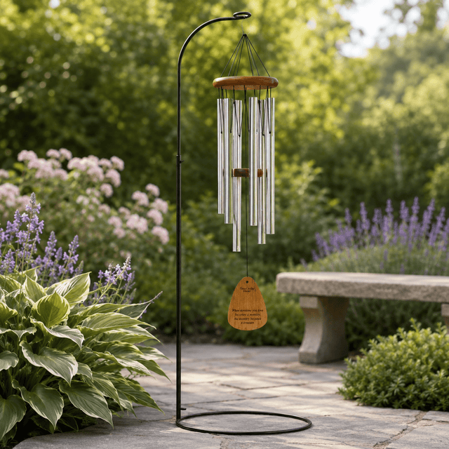 A black metal garden wind chime stands on a circular base, with silver tubes and a small wooden tag which reads, When someone you love becomes a memory, the memory becomes a treasure, hanging beneath a rounded wood top. It is set among lush Hosta, lavender, and a stone bench, with soft green foliage blurred behind.