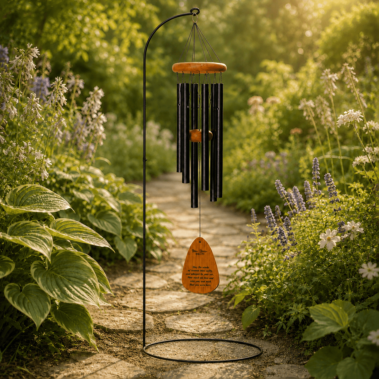 A garden wind chime with black metal tubes and a wooden paddle with the wording, "May the winds of Heaven blow softly and whisper in your ear... How much we love and miss you and wish that you were here." on a stone path surrounded by lush green plants and purple flowers in warm golden sunlight.