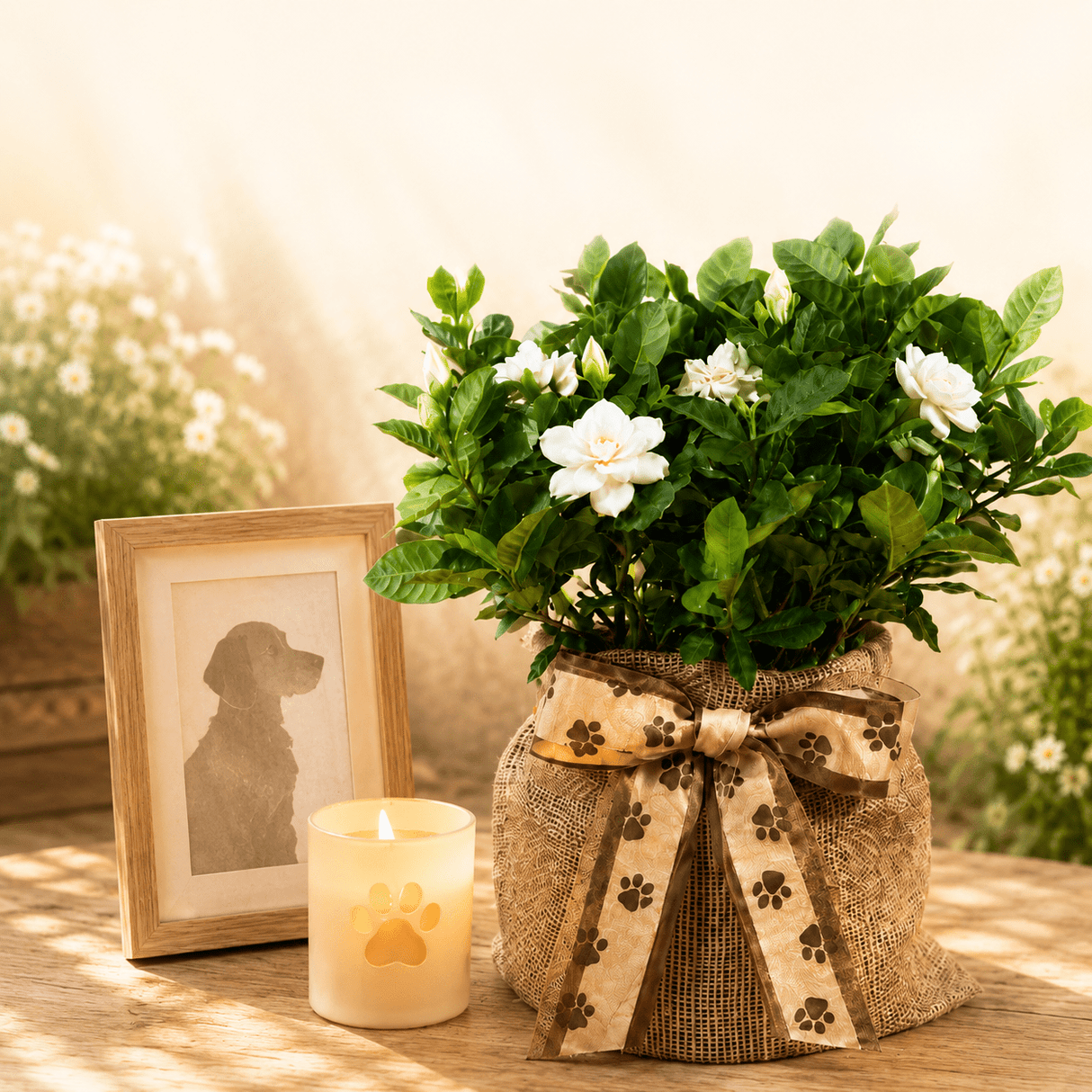 A potted gardenia plant with white flowers sits on a wooden table beside a small lit candle and a framed dog portrait. The pot is wrapped in burlap with a bow printed with brown paw prints.