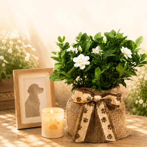 A potted gardenia plant with white flowers sits on a wooden table beside a small lit candle and a framed dog portrait. The pot is wrapped in burlap with a bow printed with brown paw prints.