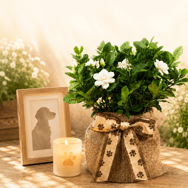 A potted gardenia plant with white flowers sits on a wooden table beside a small lit candle and a framed dog portrait. The pot is wrapped in burlap with a bow printed with brown paw prints.