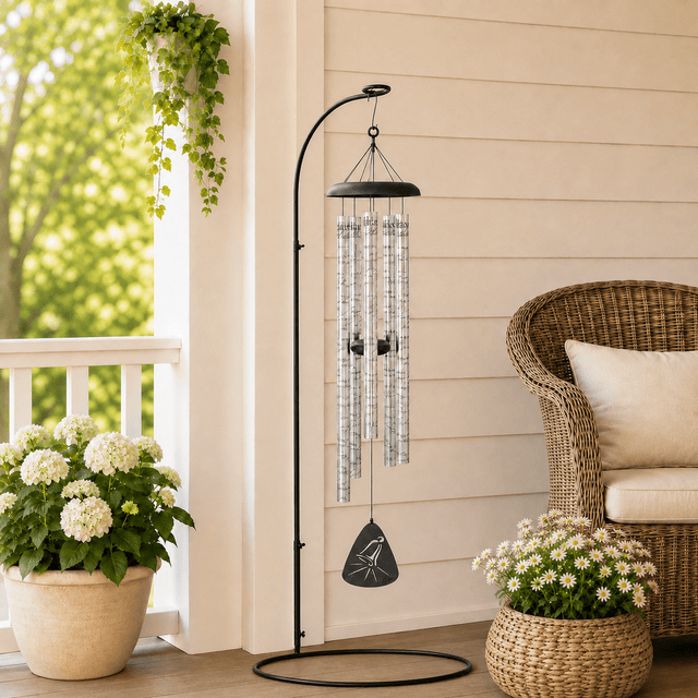 A black metal wind chime with clear tubes hangs from a stand on a patio. Nearby, a wicker chair sits beside potted plants with white flowers and a background of greenery.